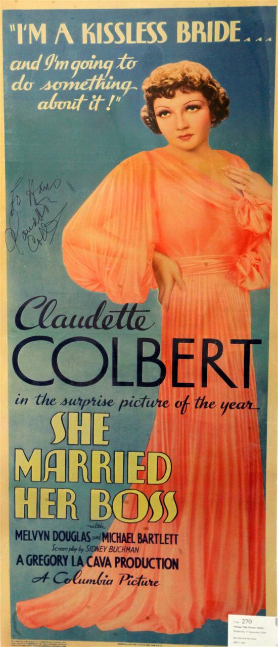She Married Her Boss, 1935, Columbia, U.S. insert, signed and inscribed by Claudette Colbert in blue ink 36x14in. (92x36cm.)